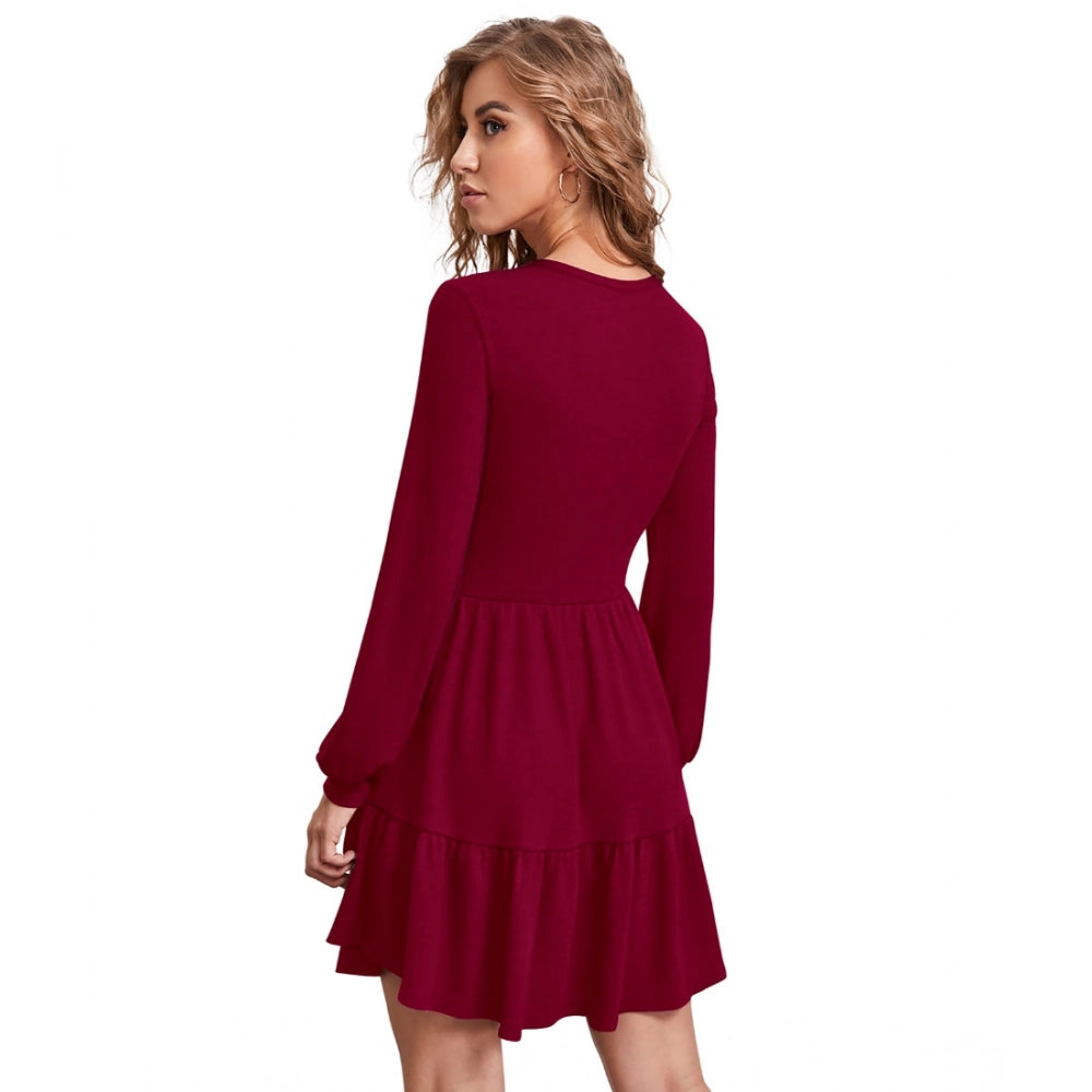 HD Women's Knitting stretchable Solid Round Neck Full Sleeve Dress (Maroon)