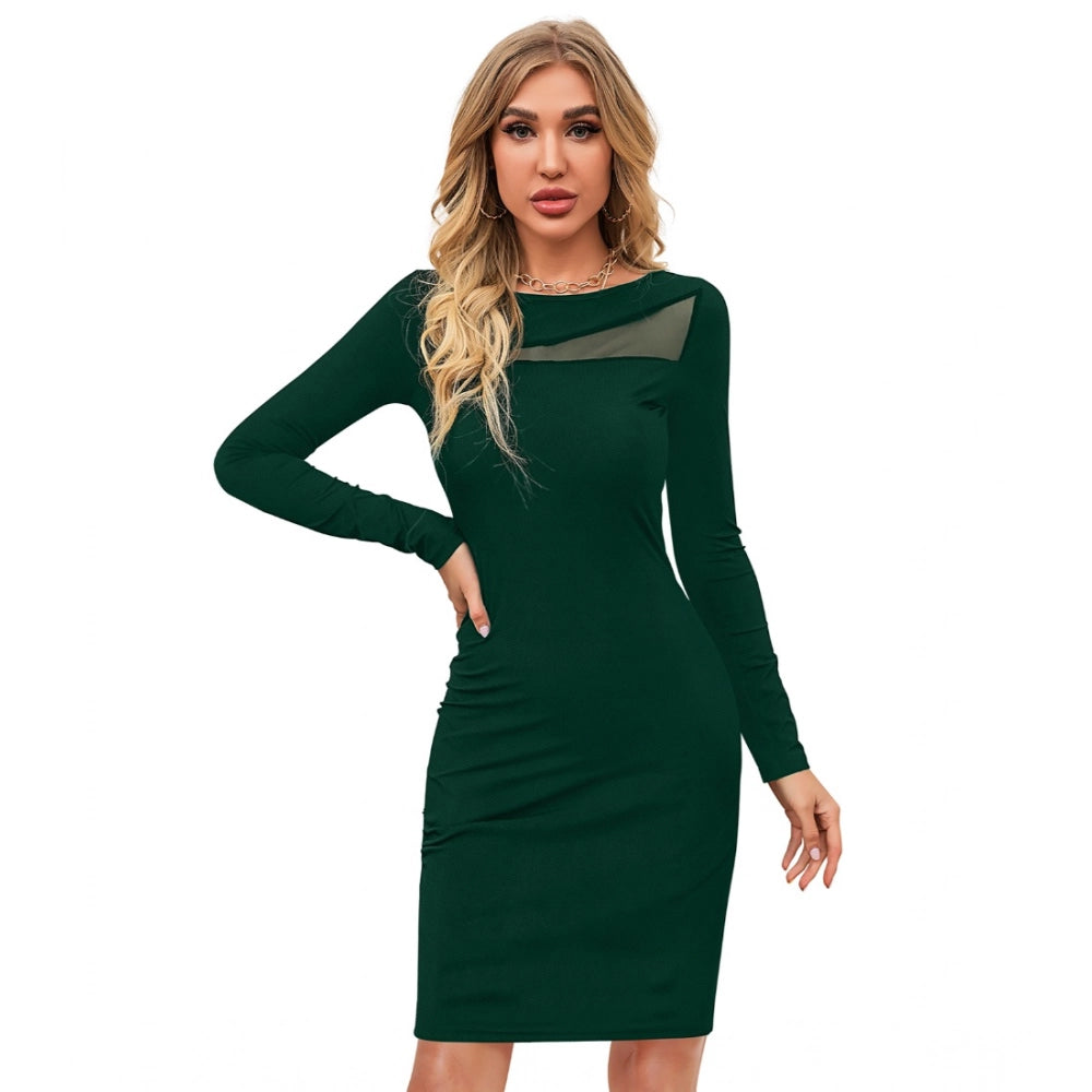 HD Women's Knitting stretchable Solid Round Neck Full Sleeve Dress (Green )