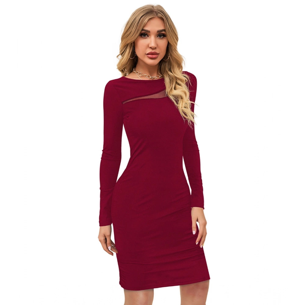 HD Women's Knitting stretchable Solid Round Neck Full Sleeve Dress (Maroon)