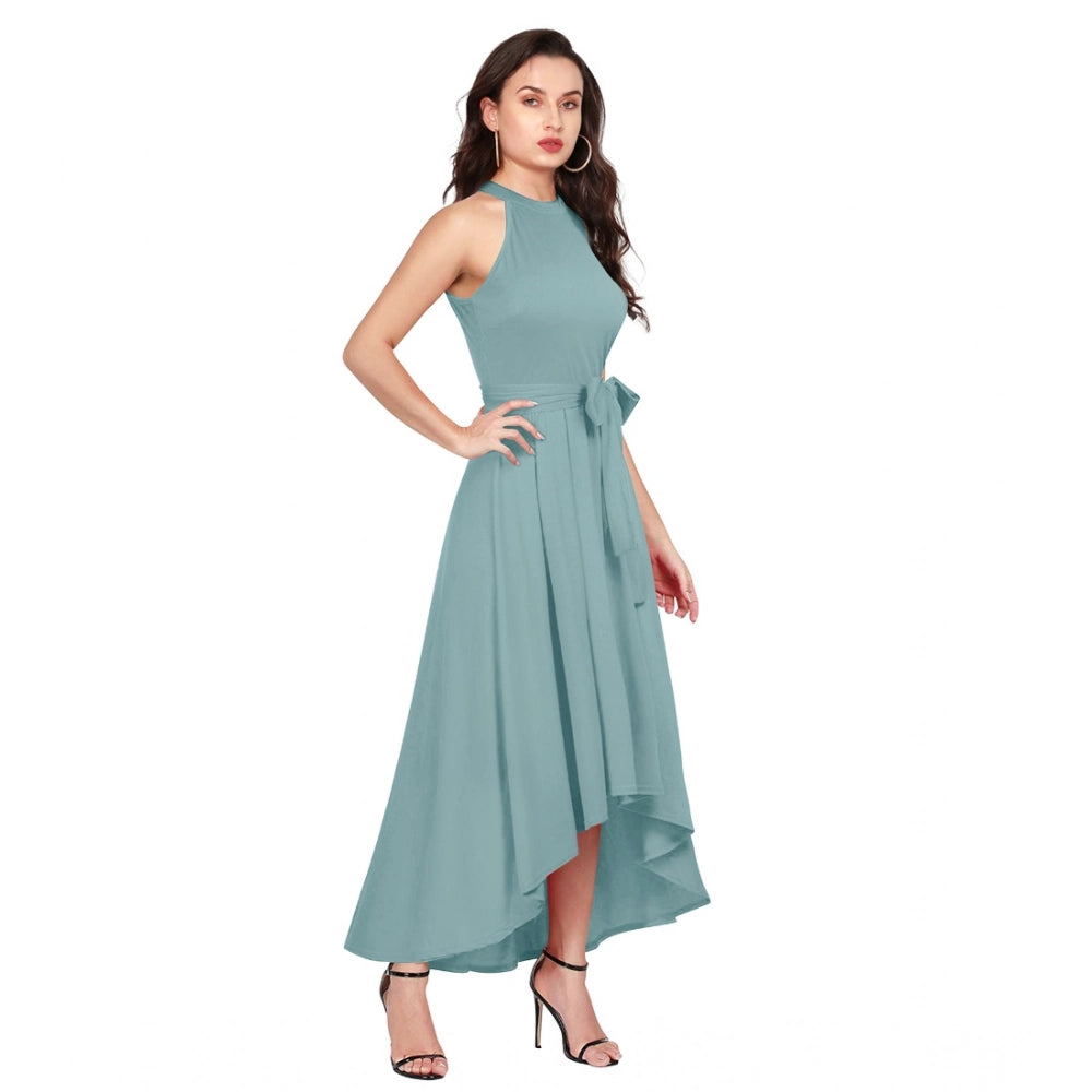 HD Women's Polyester Solid Halter Neck Sleeveless Dress (Pista)