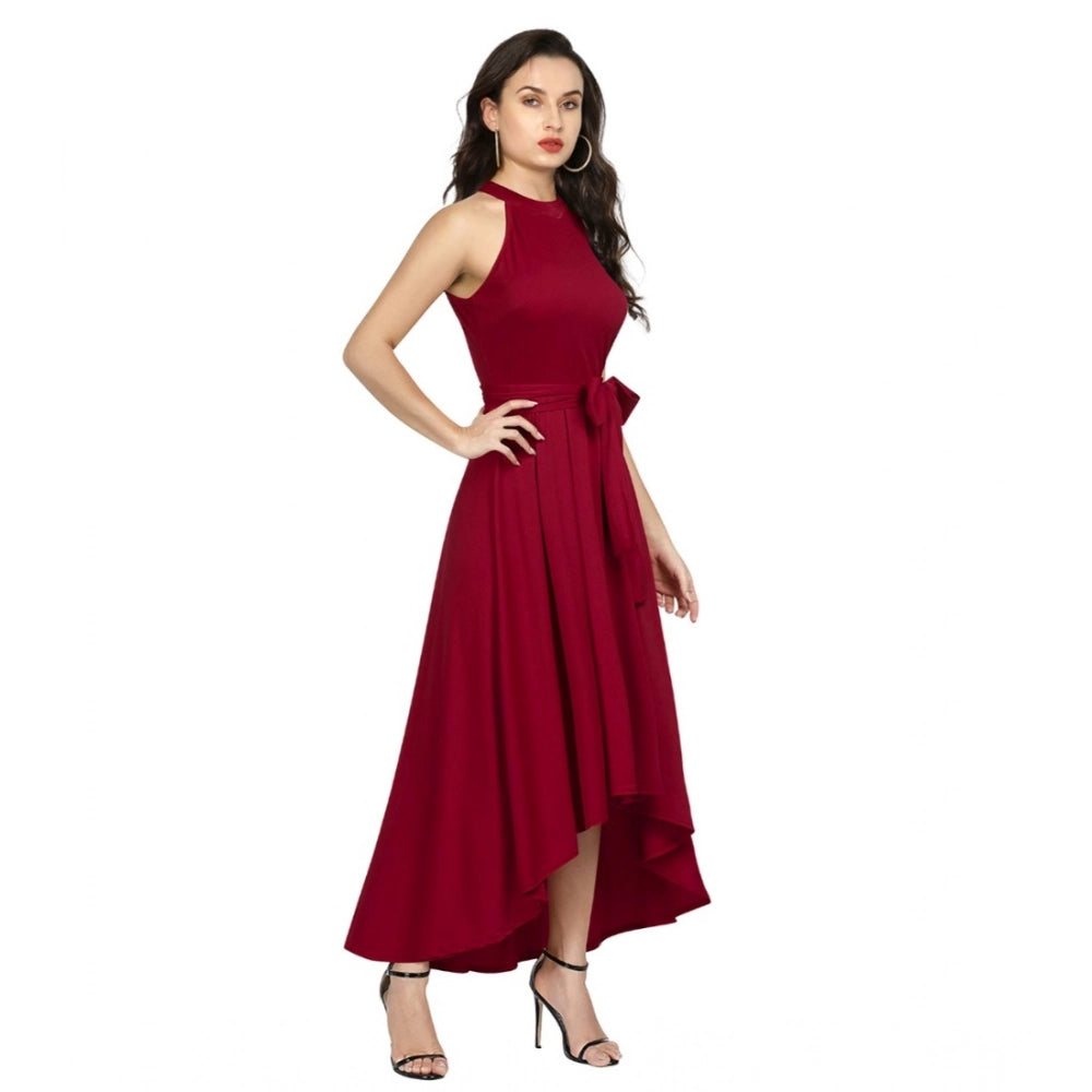 HD Women's Polyster Solid Halter Neck Sleeveless Dress (Maroon)