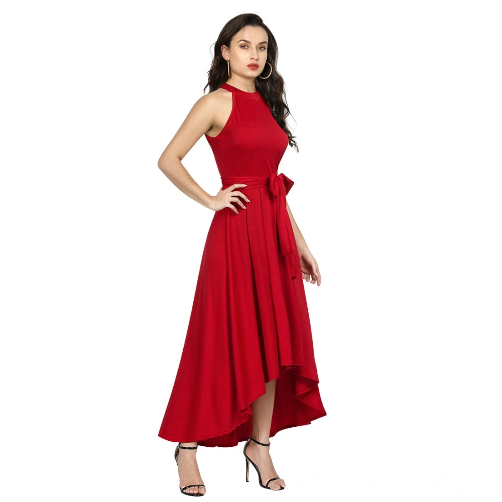 HD Women's Polyster Solid Halter Neck Sleeveless Dress (Red)