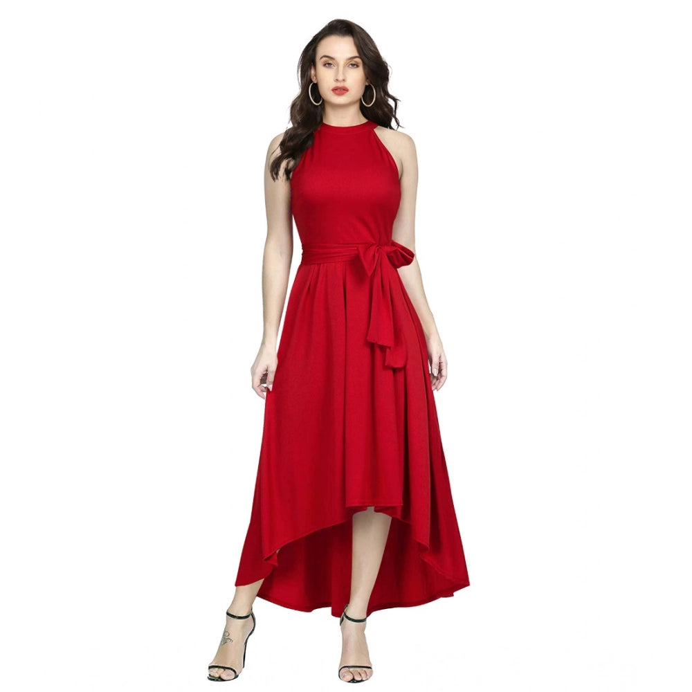 HD Women's Polyster Solid Halter Neck Sleeveless Dress (Red)