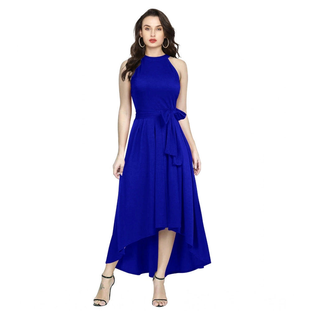 HD Women's Polyster Solid Halter Neck Sleeveless Dress (Royal Blue)