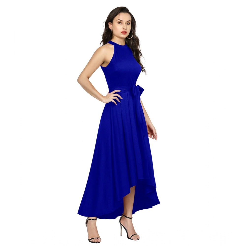 HD Women's Polyster Solid Halter Neck Sleeveless Dress (Royal Blue)