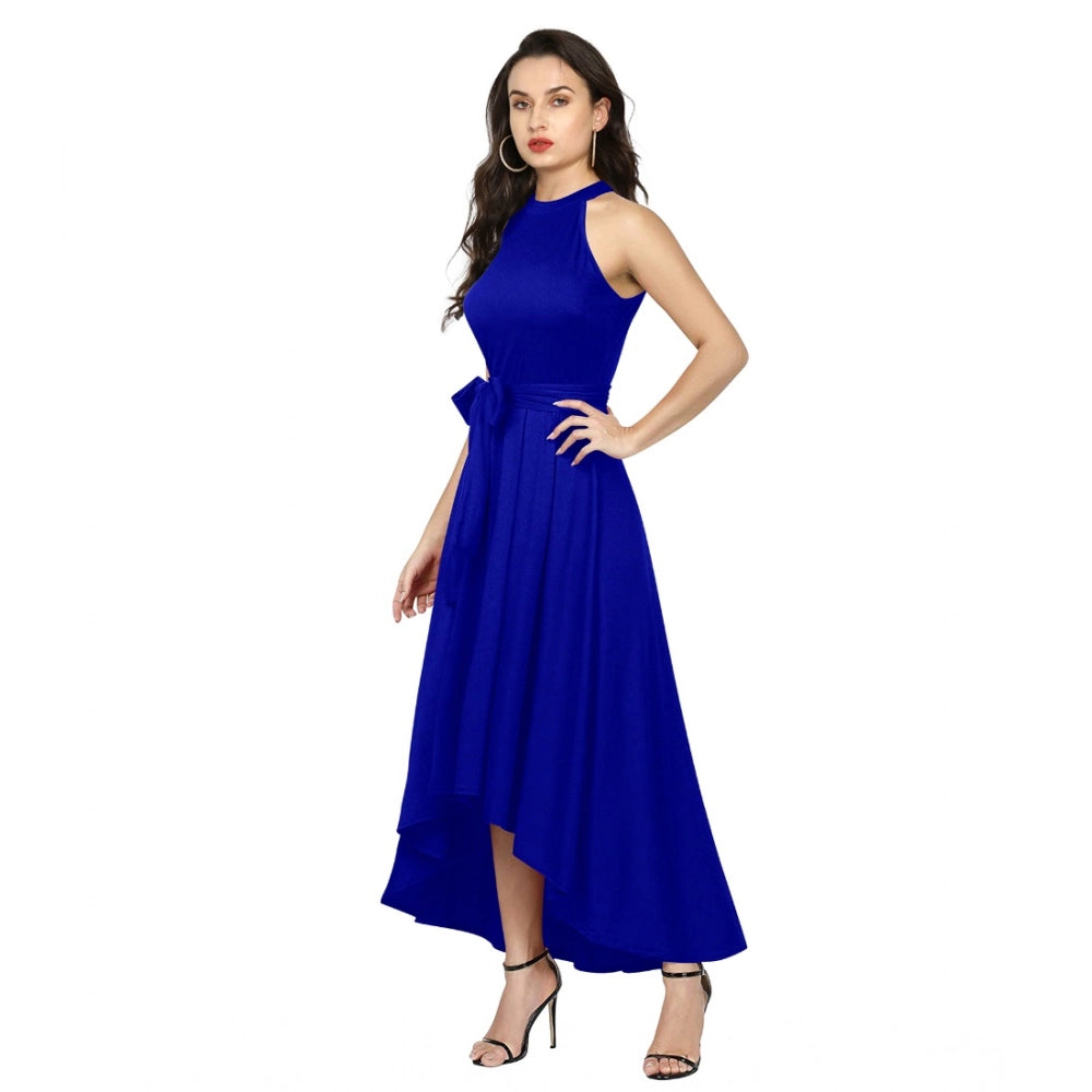 HD Women's Polyster Solid Halter Neck Sleeveless Dress (Royal Blue)