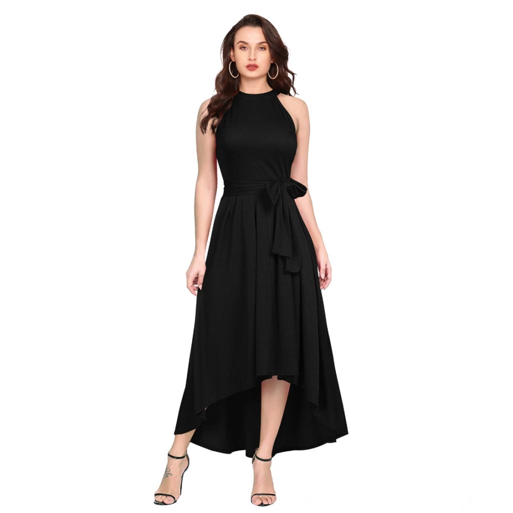 HD Women's Polyster Solid Halter Neck Sleeveless Dress (Black)