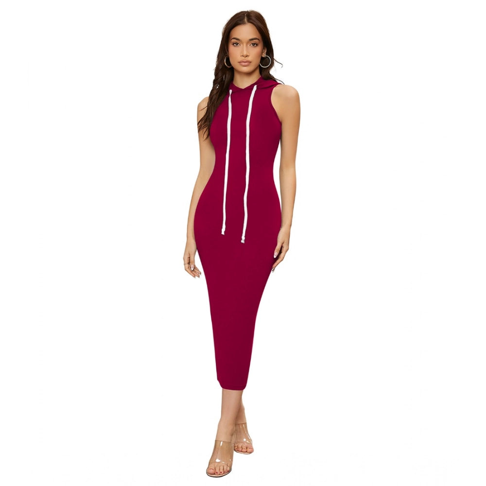 HD Women's Knitting stretchable Solid Round Neck Sleeveless Dress (Maroon)