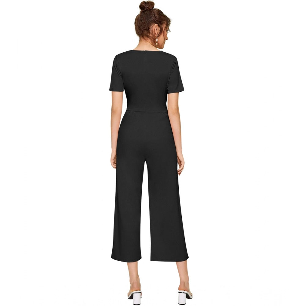 HD Women's Knitting stretchable Solid Round Neck Cap Sleeve Jumpsuit (Black)