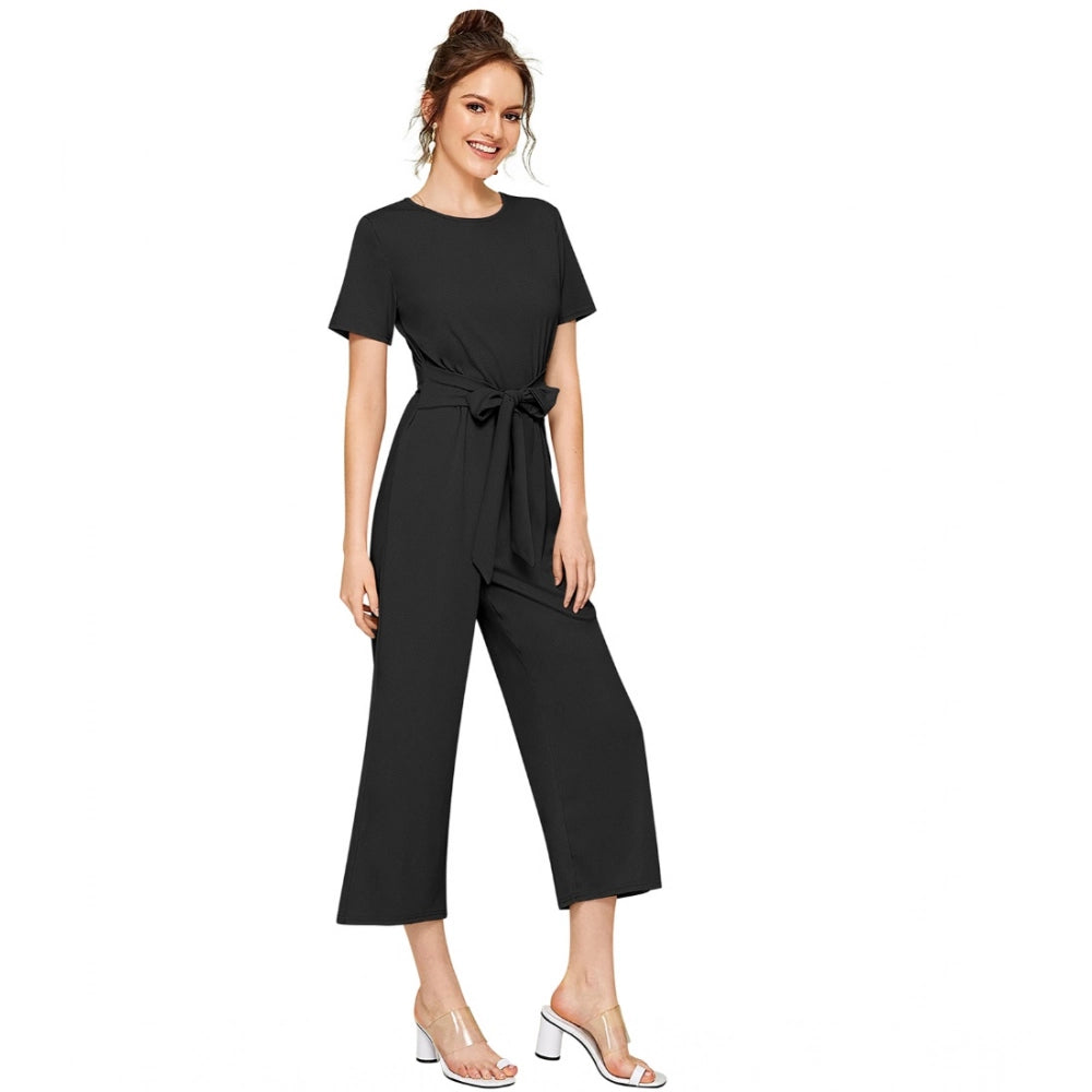 HD Women's Knitting stretchable Solid Round Neck Cap Sleeve Jumpsuit (Black)