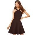 HD Women's Knitting stretchable Solid Halter Neck Sleeveless Dress (Coffee)