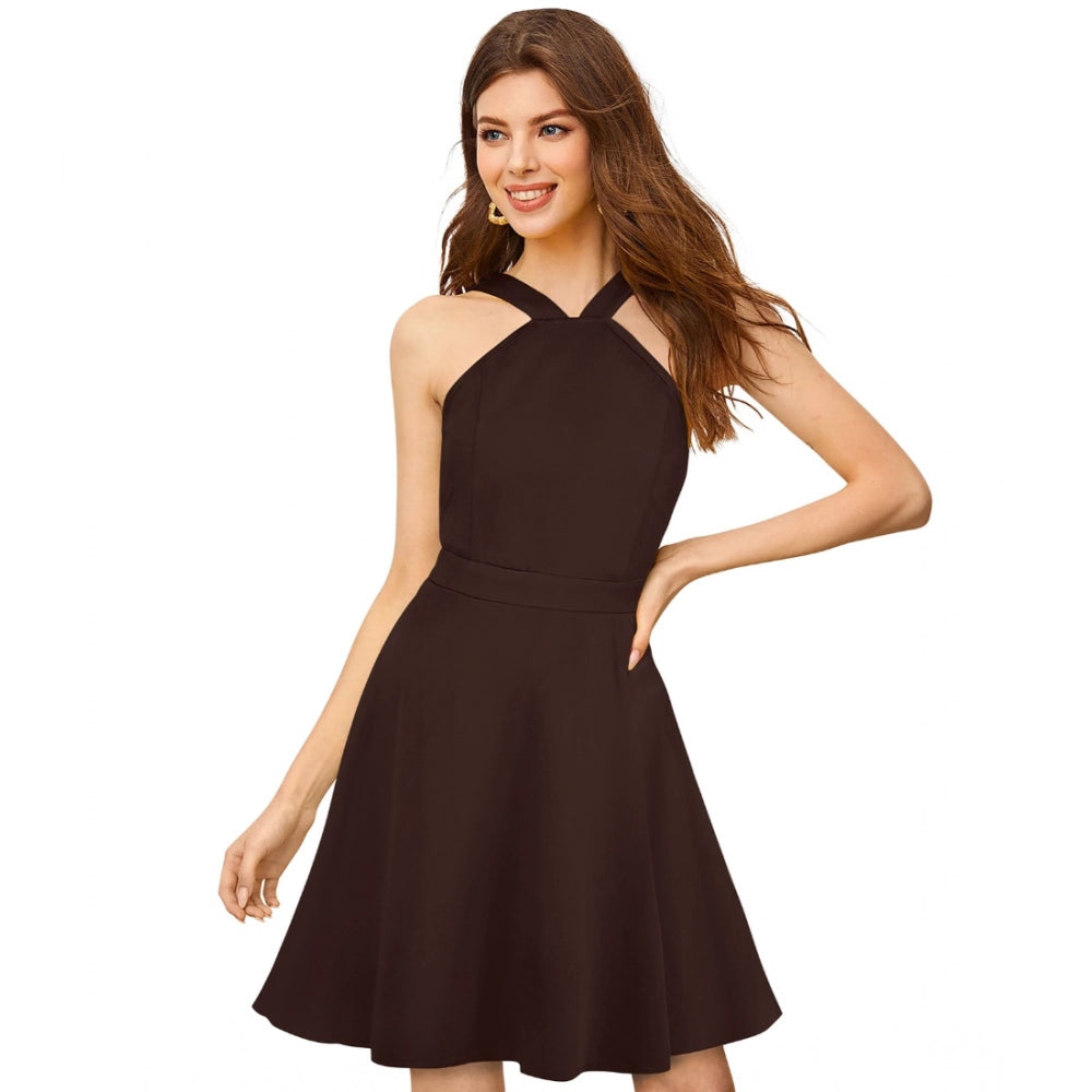HD Women's Knitting stretchable Solid Halter Neck Sleeveless Dress (Coffee)
