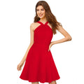 HD Women's Knitting stretchable Solid Halter Neck Sleeveless Dress (Red )