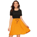 HD Women's Knitting stretchable Solid Round Neck Cap Sleeve Dress (Yellow)
