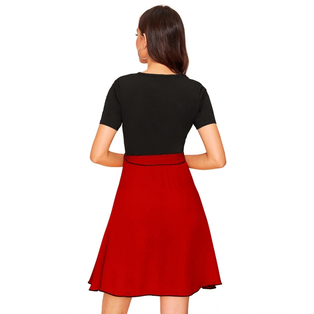 HD Women's Knitting stretchable Solid Round Neck Cap Sleeve Dress (Red)