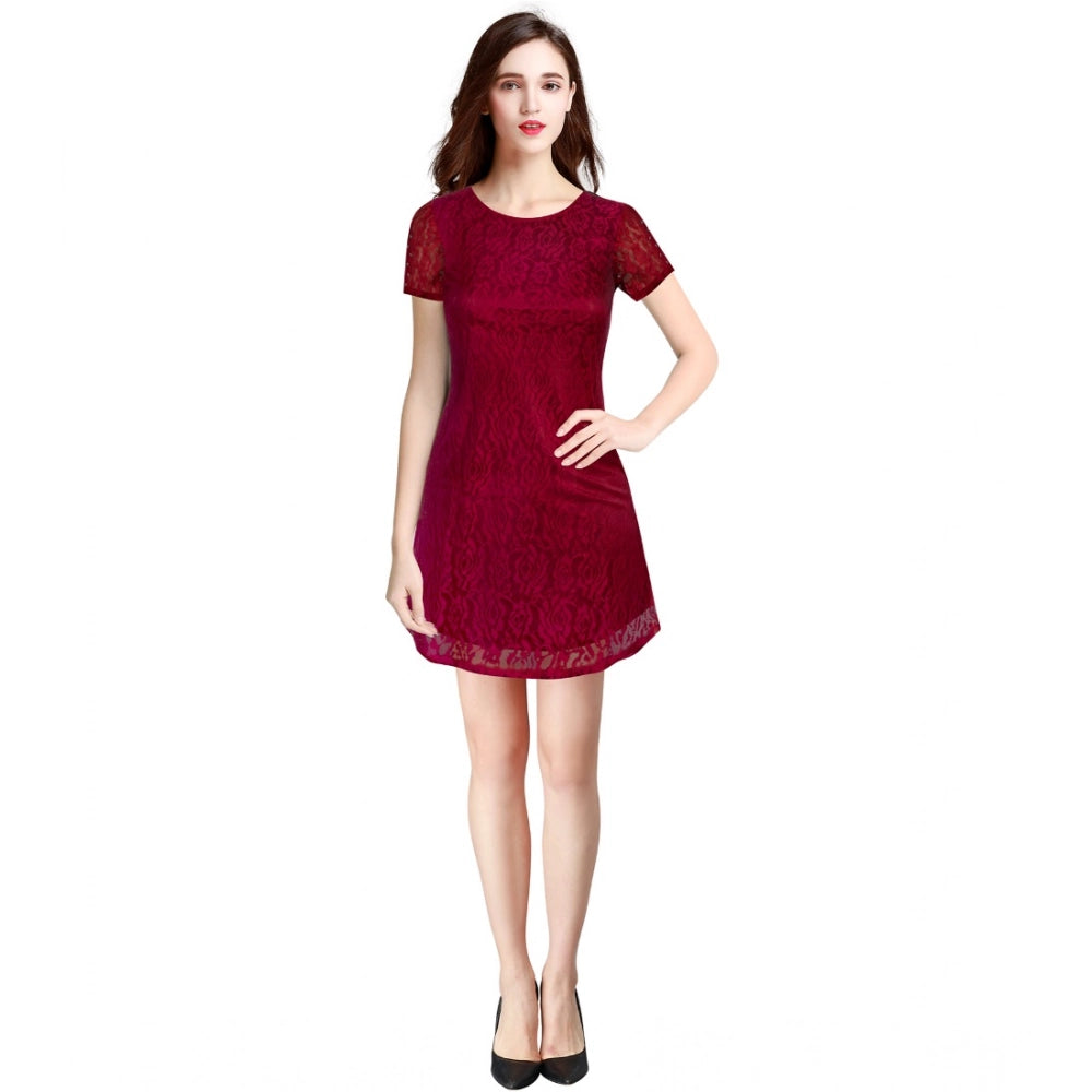 HD Women's Rasal Solid Round Neck Cap Sleeve Dress (Maroon)