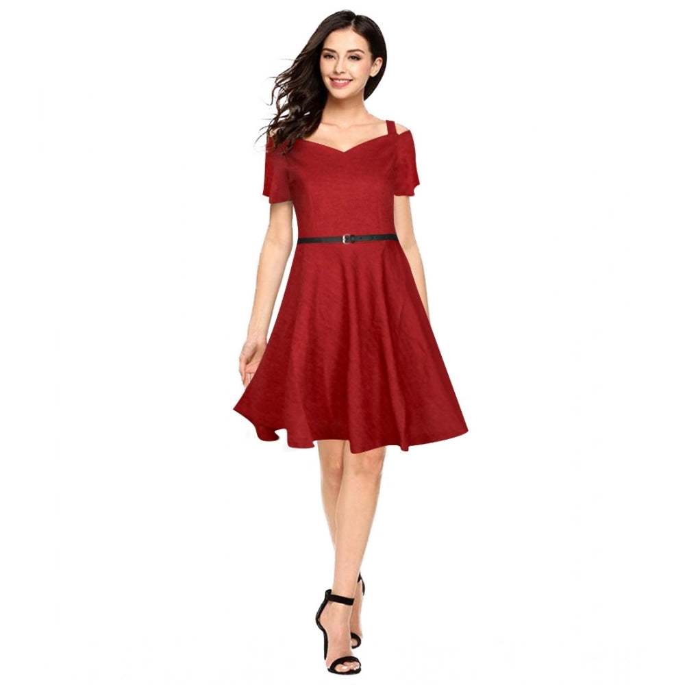 HD Women's Polyester Solid V Neck Cap Sleeve Dress (Maroon)