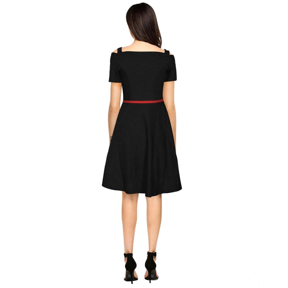 HD Women's Polyester Solid V Neck Cap Sleeve Dress (Black)