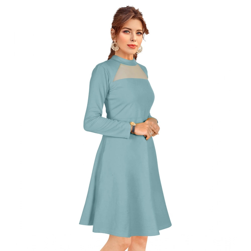 HD Women's Knitting stretchable Solid Round Neck Full Sleeve Dress (Pista)