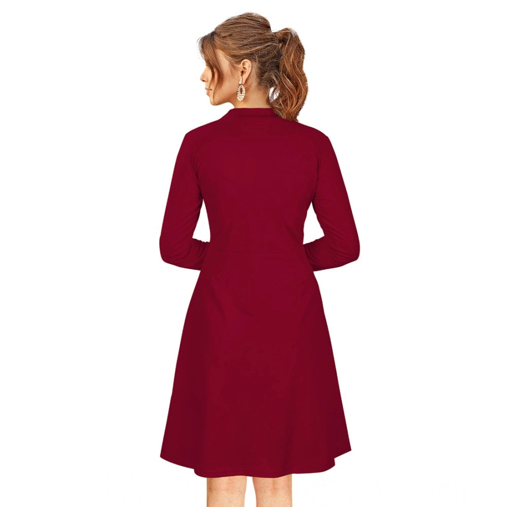 HD Women's Knitting stretchable Solid Round Neck Full Sleeve Dress (Maroon)