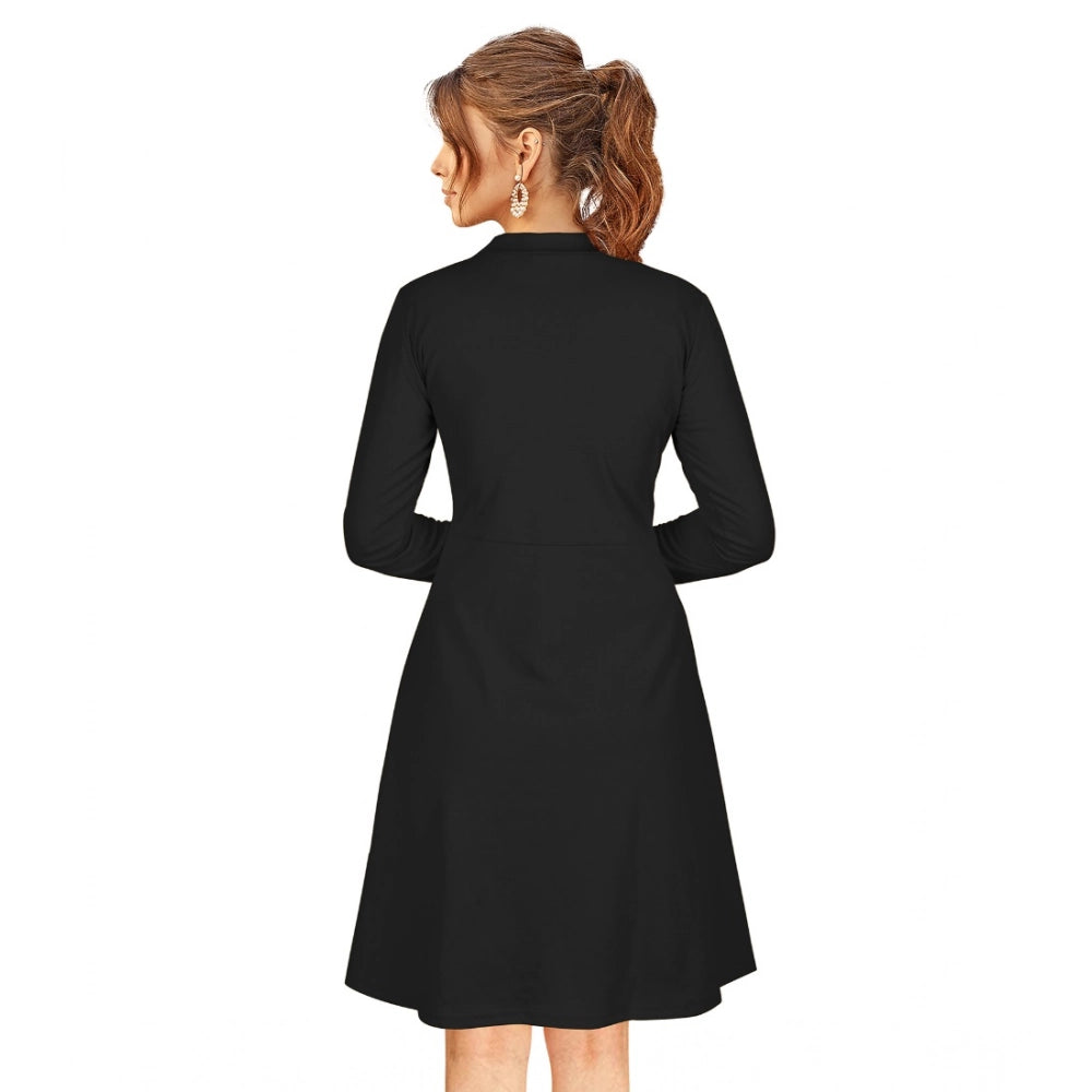 HD Women's Knitting stretchable Solid Round Neck Full Sleeve Dress (Black)