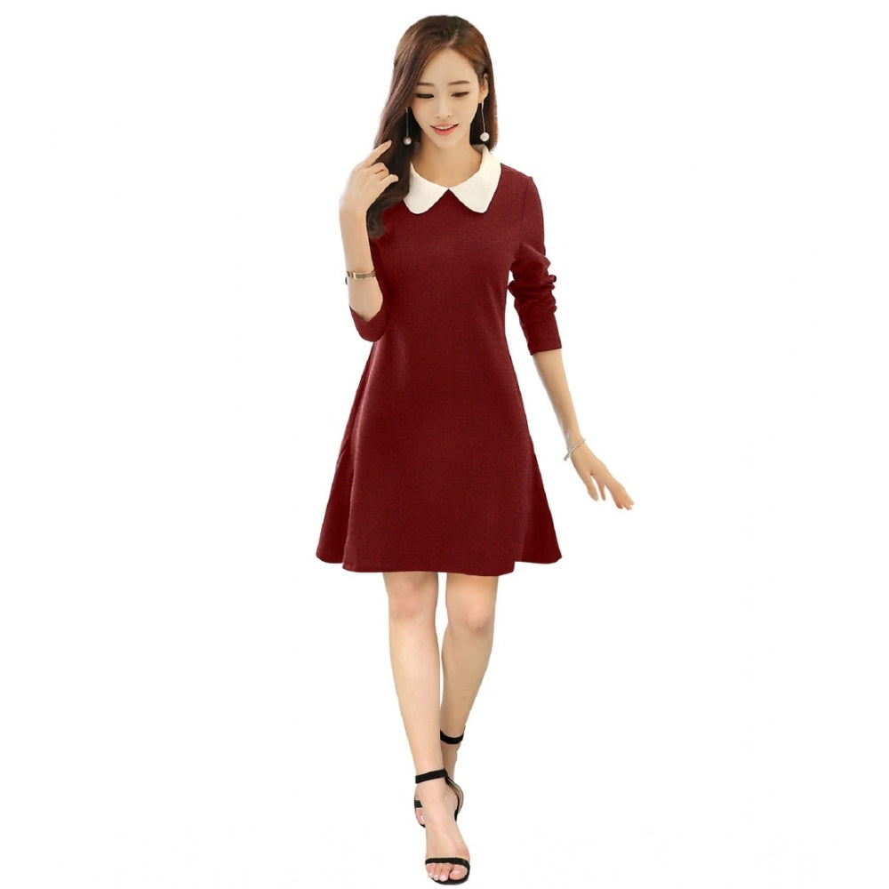 HD Women's Polyester Solid Collar 3-4th Dress (Maroon)