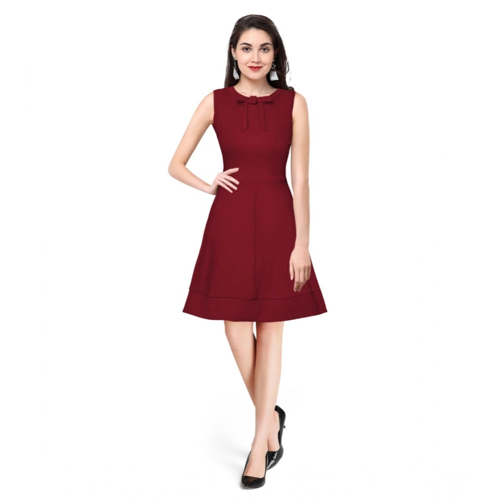 HD Women's Polyester Solid Round Neck Sleeveless Dress (Maroon)