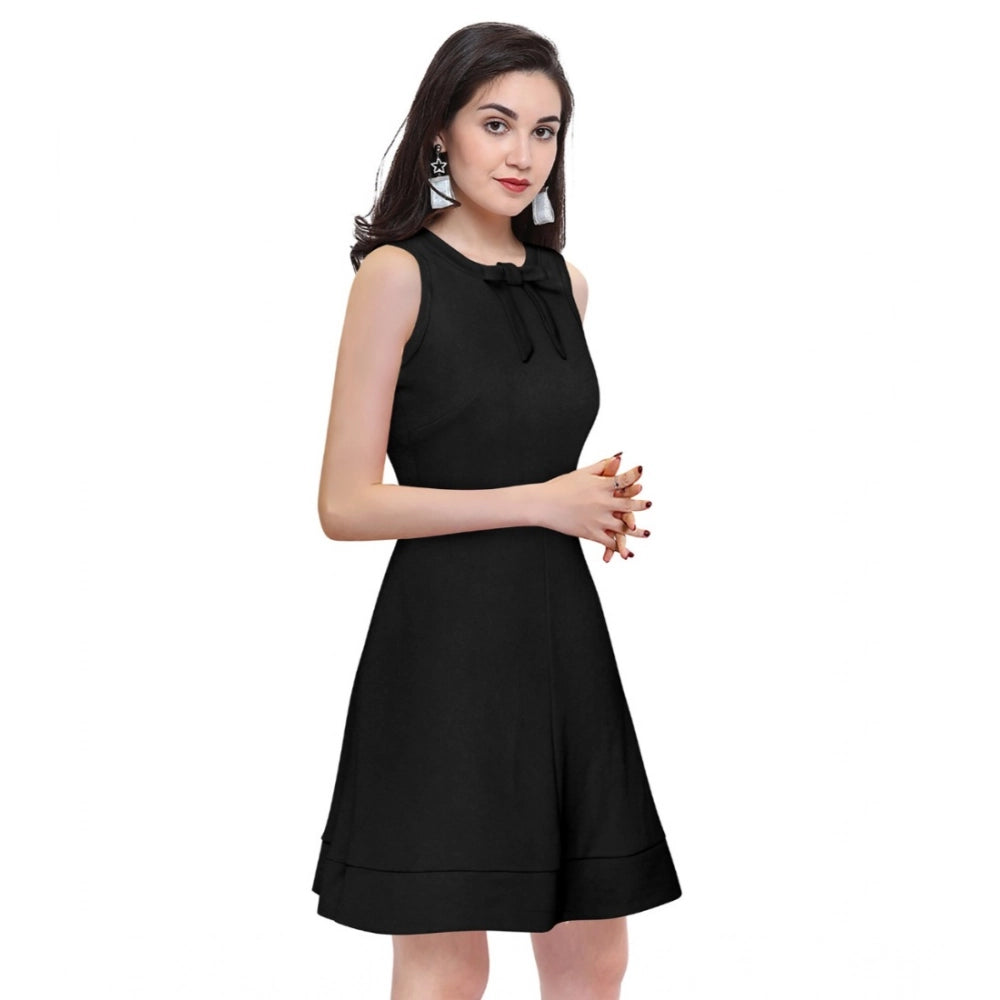 HD Women's Polyester Solid Round Neck Sleeveless Dress (Black)
