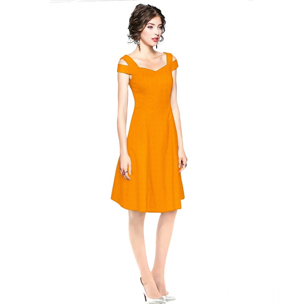 HD Women's Polyester Solid V Neck Cap Sleeve off Shoulder Dress (Yellow)