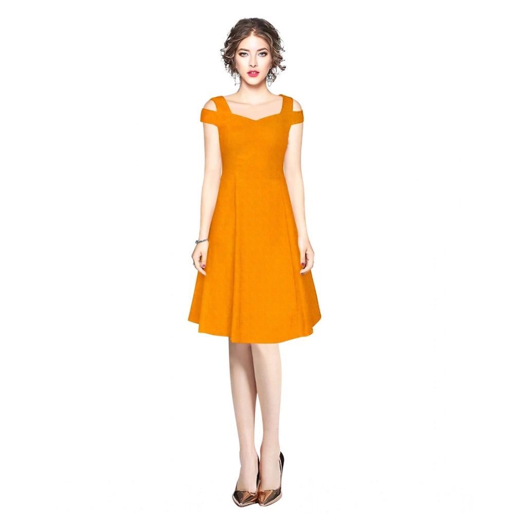 HD Women's Polyester Solid V Neck Cap Sleeve off Shoulder Dress (Yellow)