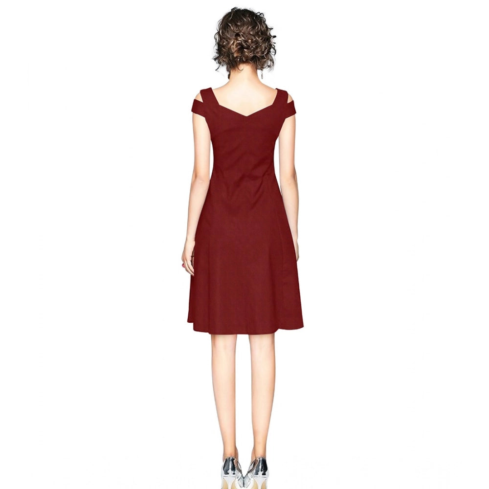 HD Women's Polyester Solid V Neck Cap Sleeve off Shoulder Dress (Maroon)