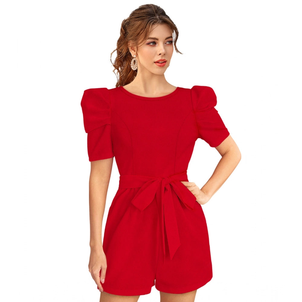 HD Women's Knitting stretchable Solid Round Neck 3-4 Puff Sleeve Dress (Red )
