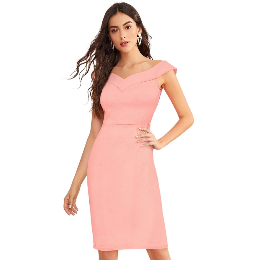HD Women's Knitting stretchable Solid Round Neck Sleeveless Dress (Peach)