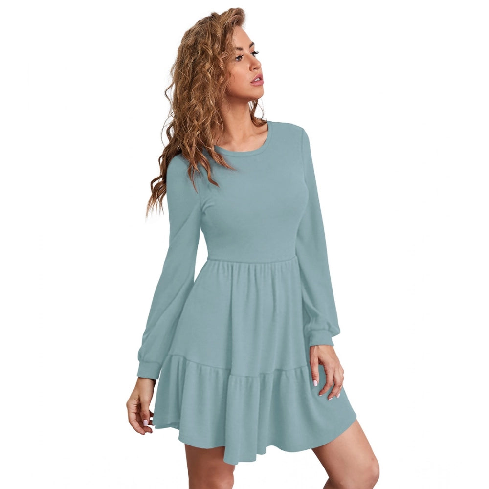 HD Women's Knitting stretchable Solid Round Neck Full Sleeve Dress (Pista)