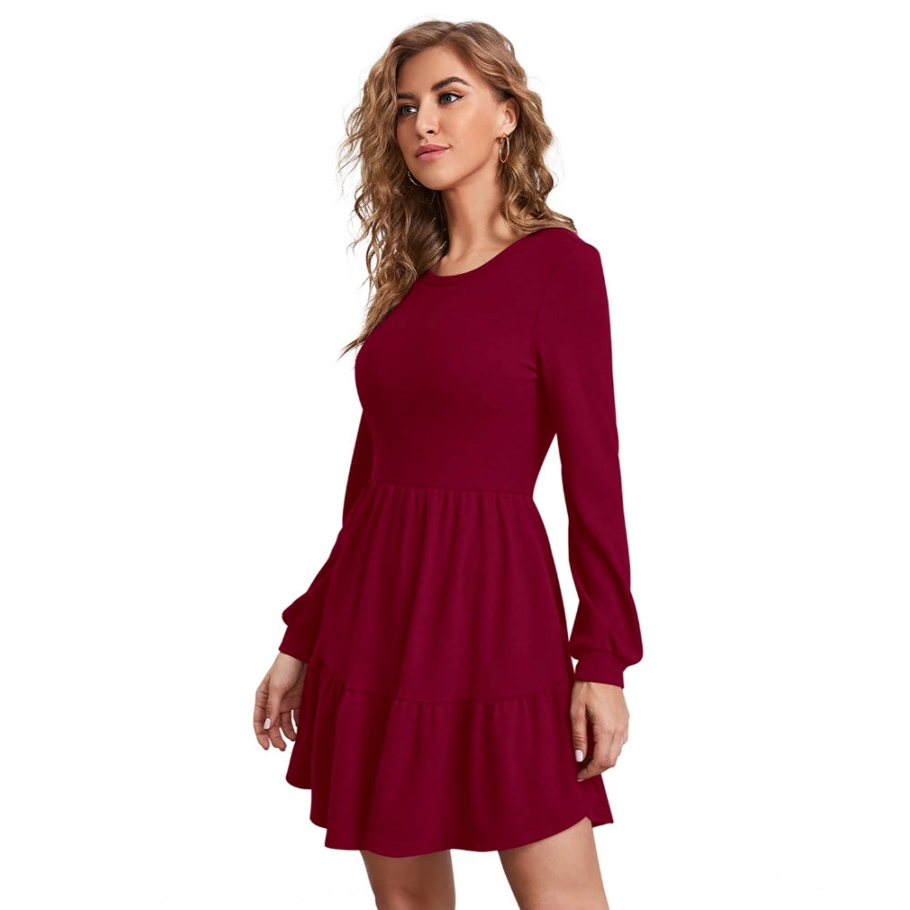 HD Women's Knitting stretchable Solid Round Neck Full Sleeve Dress (Maroon)