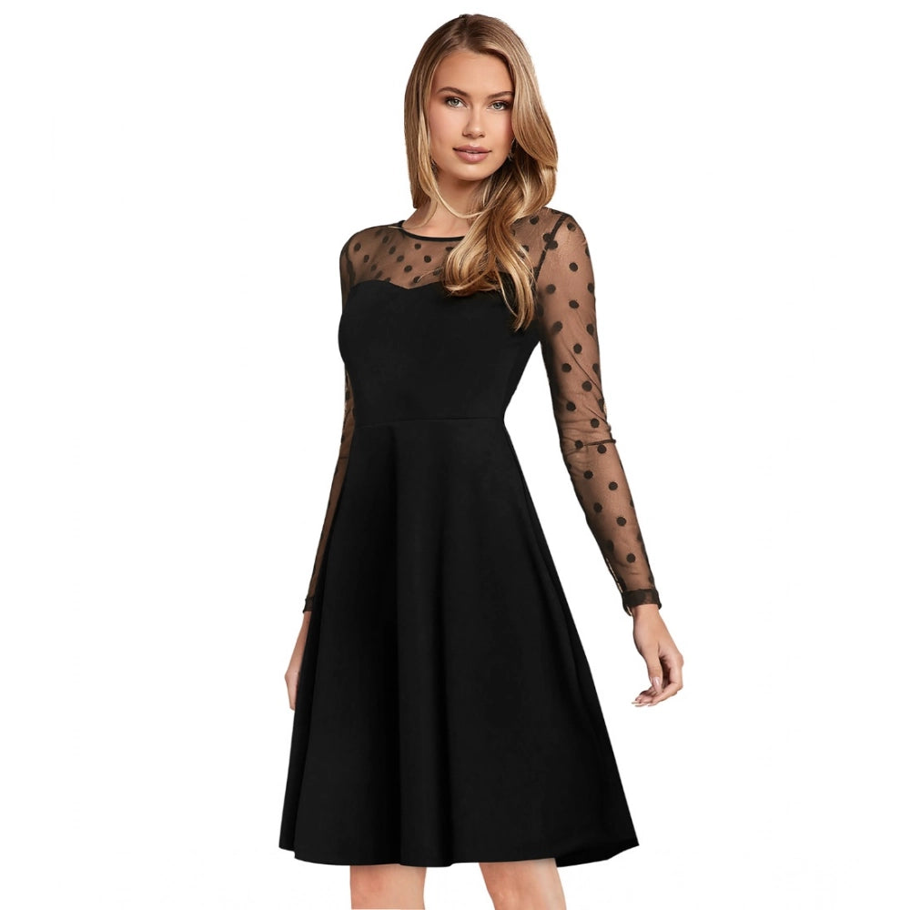 HD Women's Knitting stretchable Solid Round Neck Full Sleeve Dress (Black)