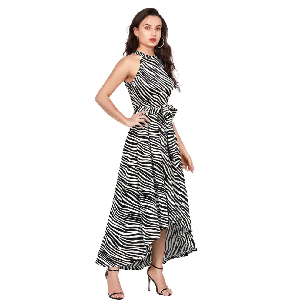 HD Women's Polyester Zebra Pattern Halter Neck Sleeveless Dress (White)