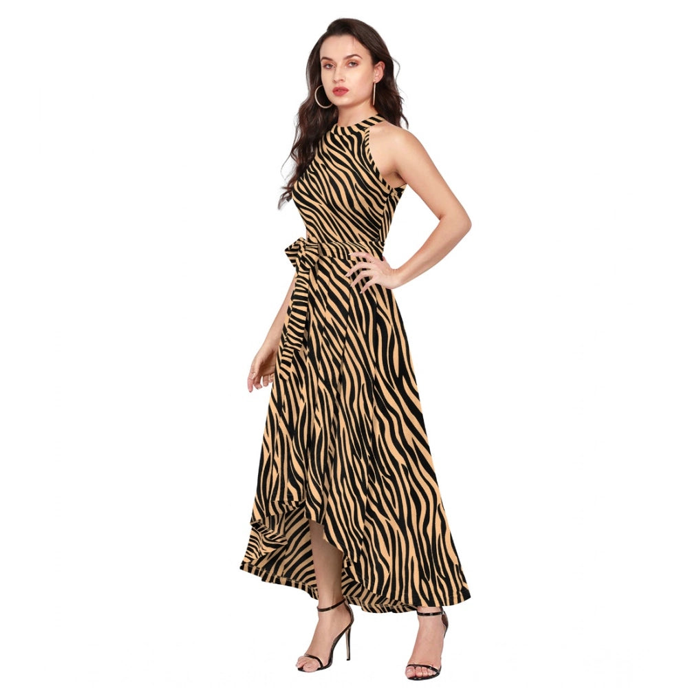 HD Women's Polyester Zebra Pattern Halter Neck Sleeveless Dress (Yellow)