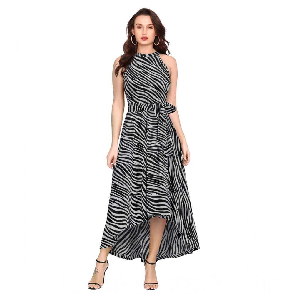 HD Women's Polyester Zebra Pattern Halter Neck Sleeveless Dress (Navy Blue)