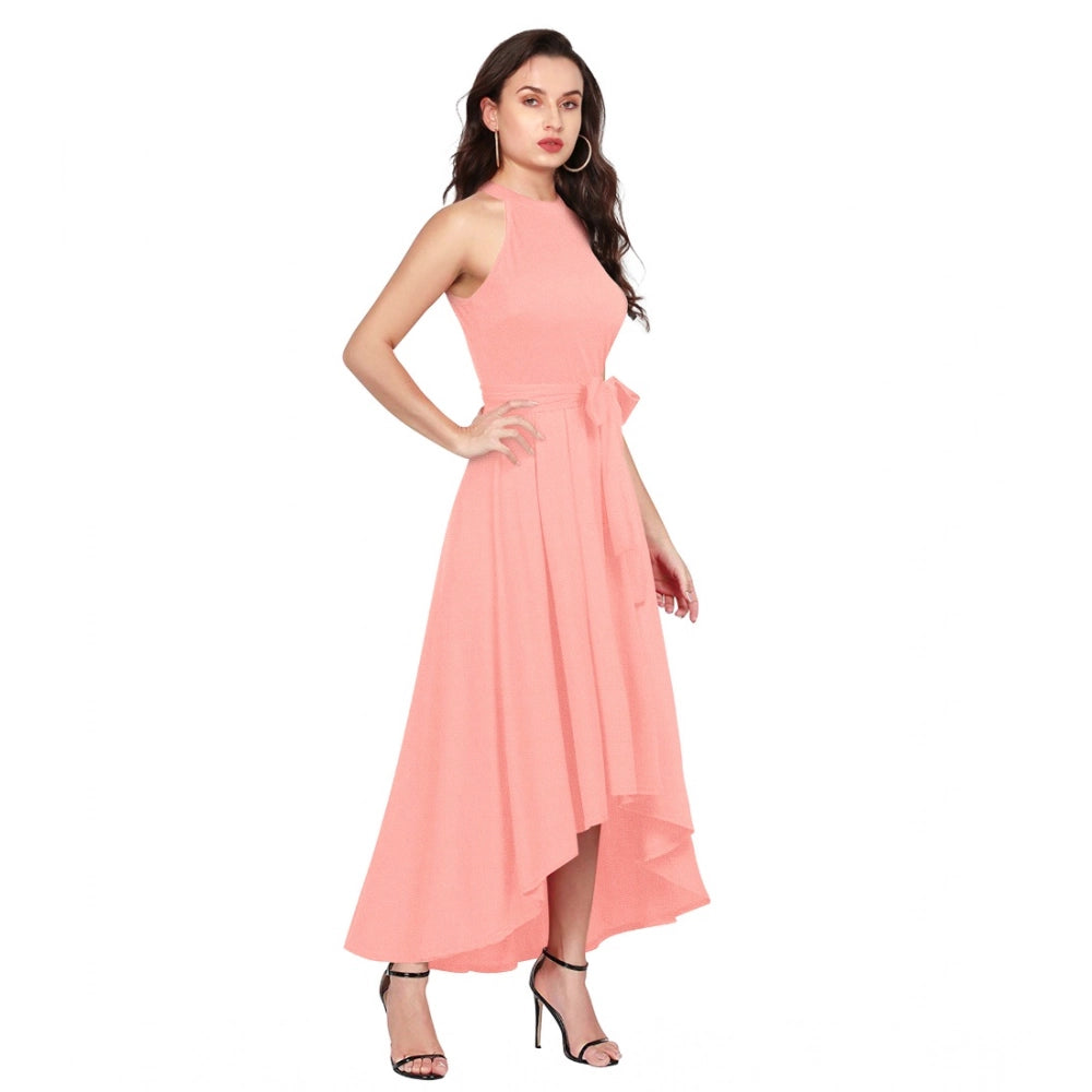 HD Women's Polyster Solid Halter Neck Sleeveless Dress (Peach)