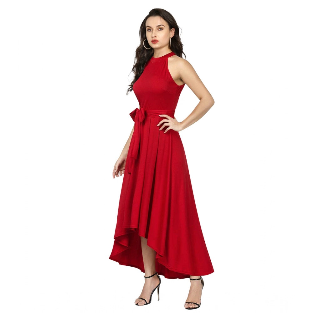 HD Women's Polyster Solid Halter Neck Sleeveless Dress (Red)