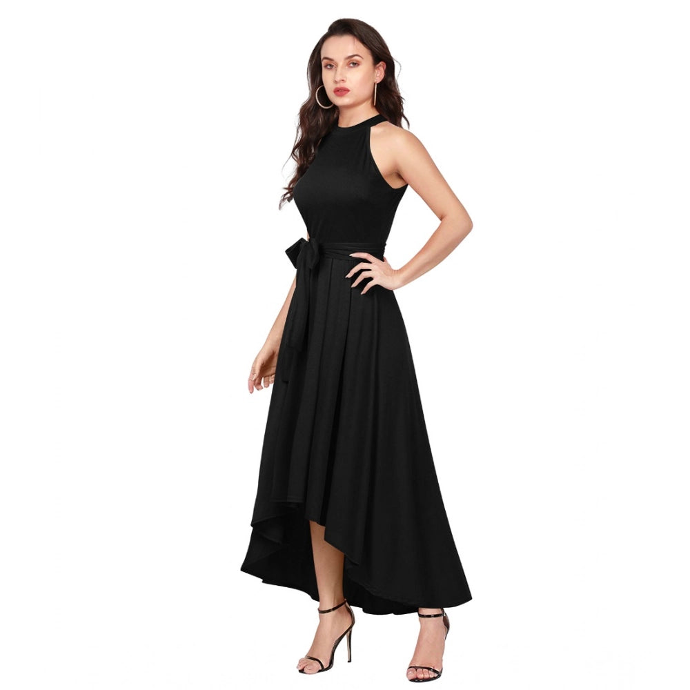 HD Women's Polyster Solid Halter Neck Sleeveless Dress (Black)