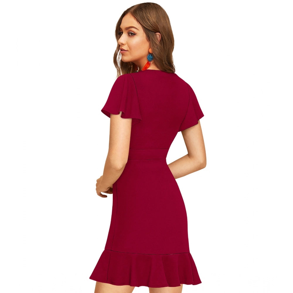 HD Women's Knitting stretchable Solid V Neck Flaired Sleeve Dress (Maroon )