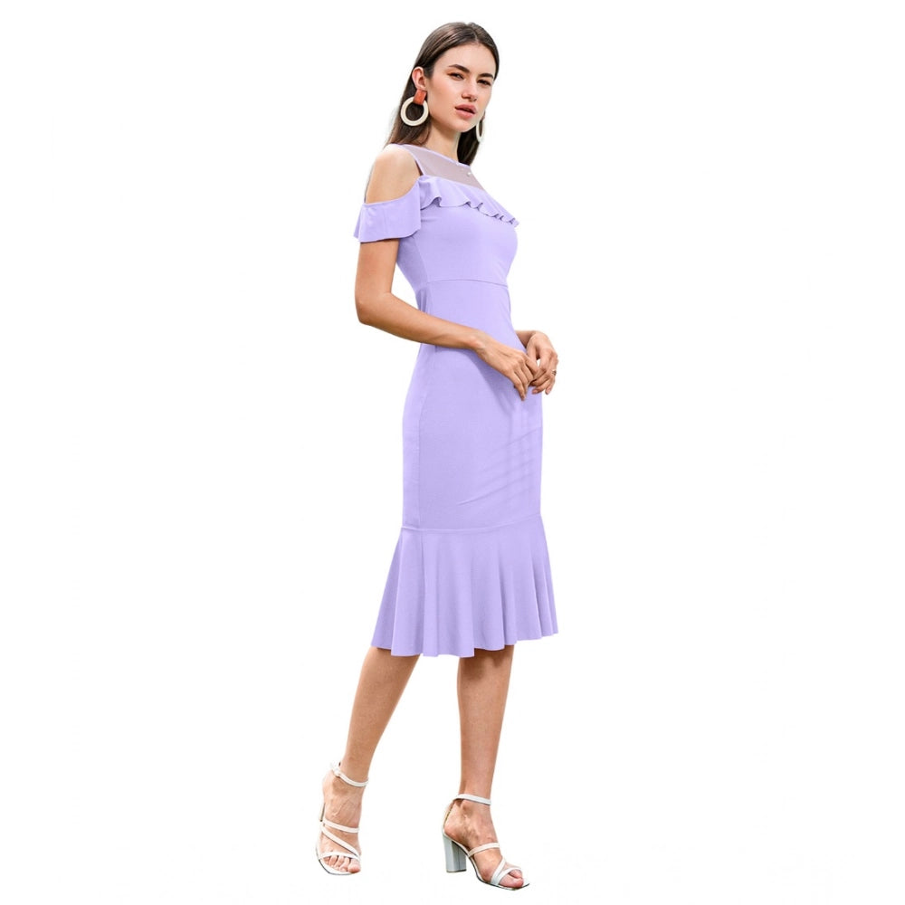 HD Women's Knitting stretchable Solid Round Neck Sleeveless Dress (Purple)