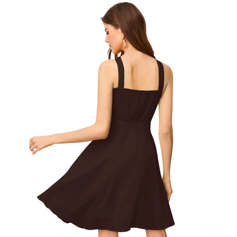 HD Women's Knitting stretchable Solid Halter Neck Sleeveless Dress (Coffee)