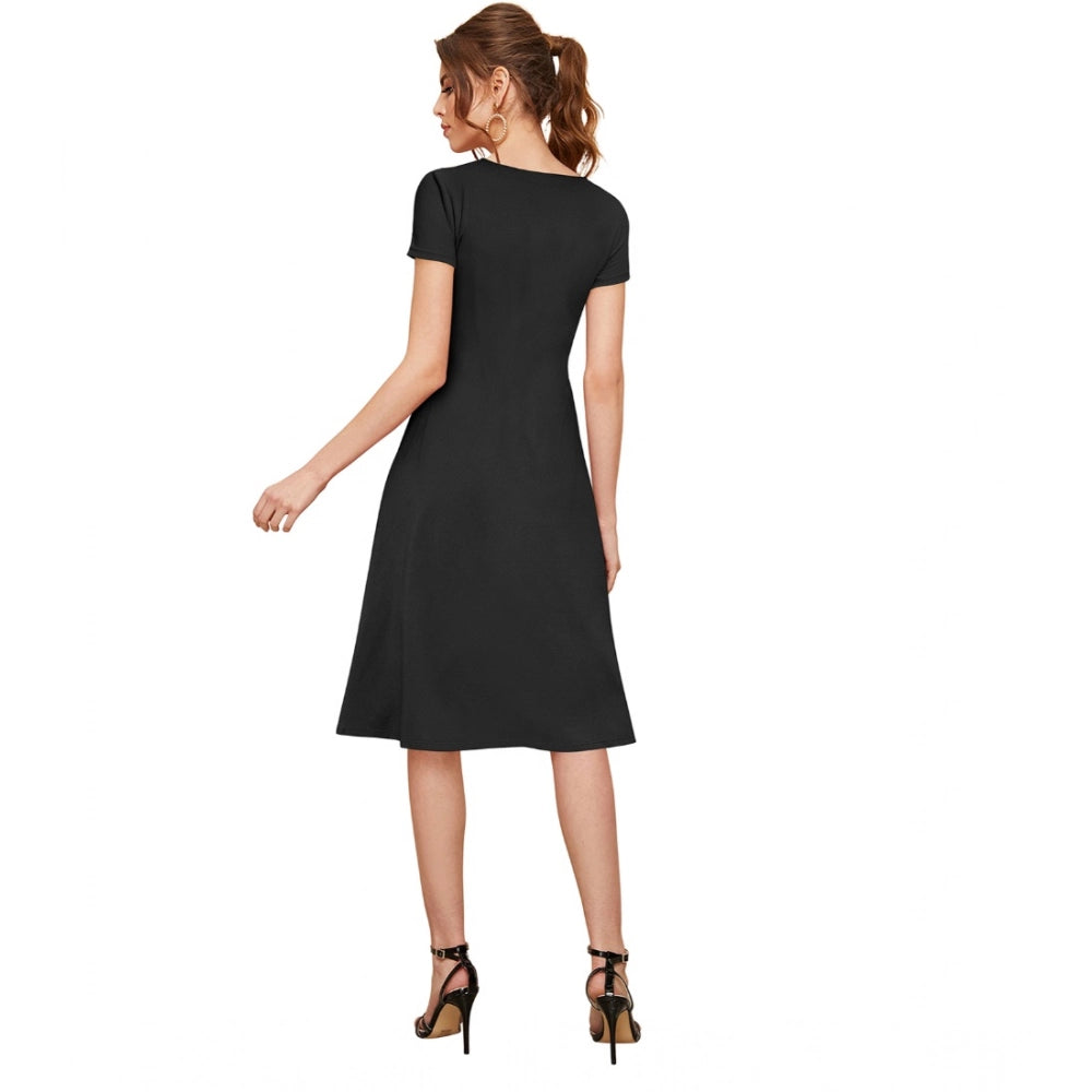 HD Women's Knitting stretchable Solid Round Neck Cap Sleeve Dress (Black)