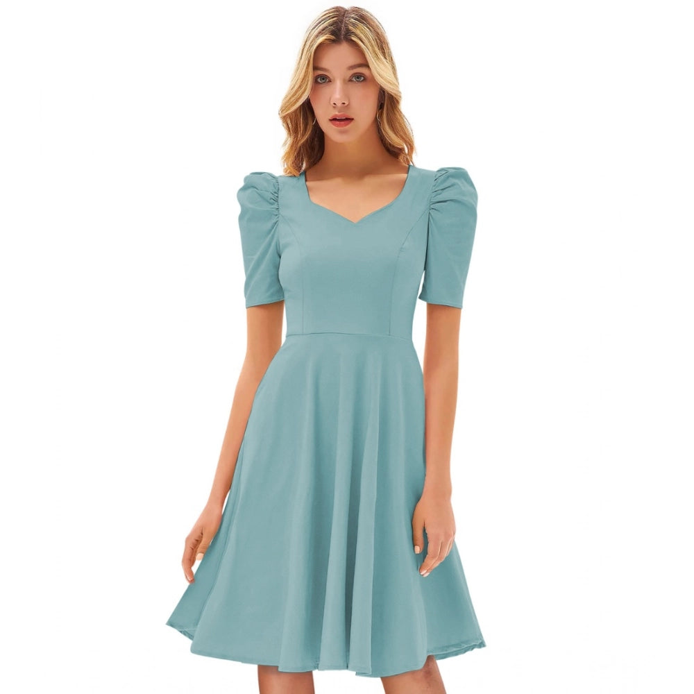 HD Women's Knitting stretchable Solid V Neck Cap Sleeve Dress (Pista)