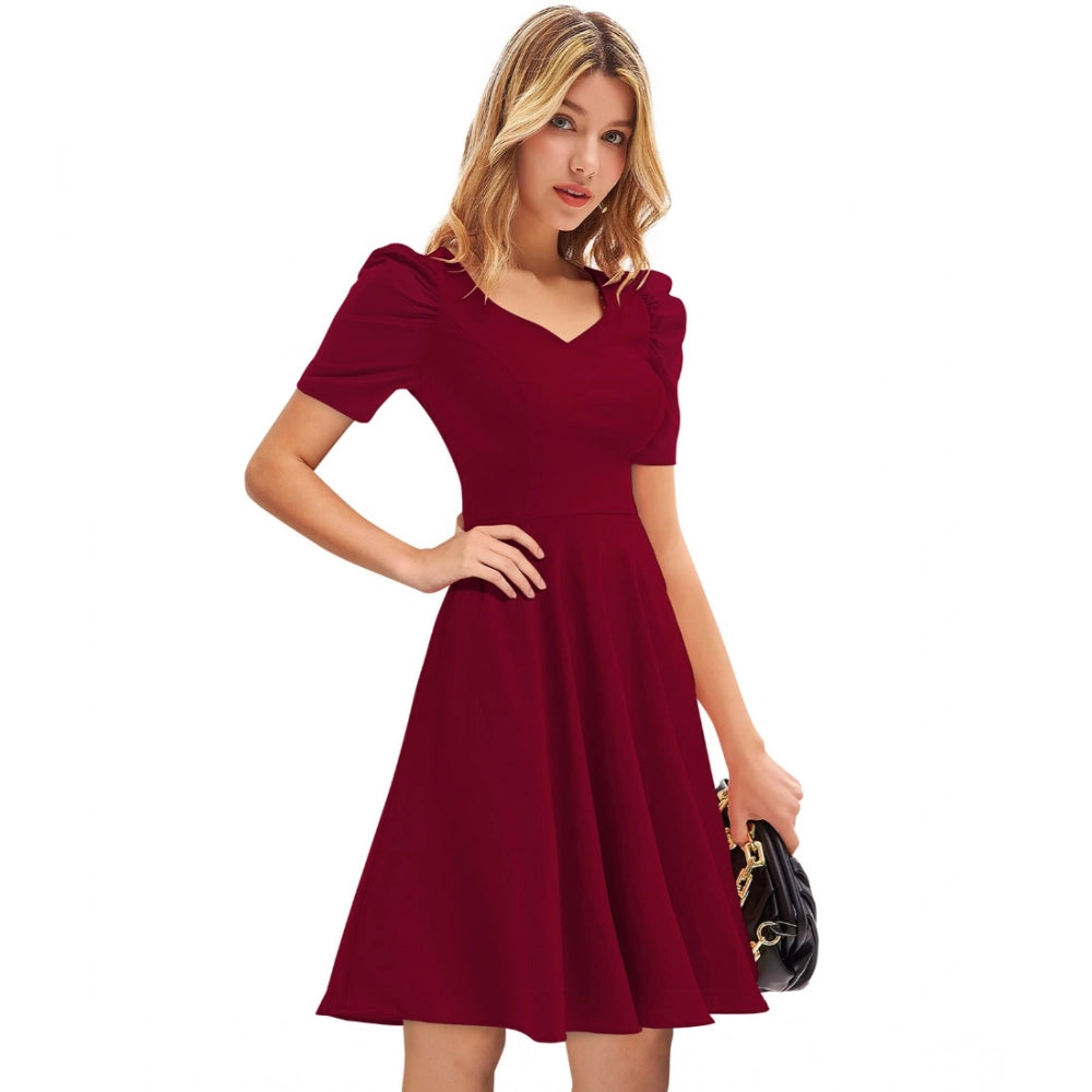 HD Women's Knitting stretchable Solid V Neck Cap Sleeve Dress (Maroon)