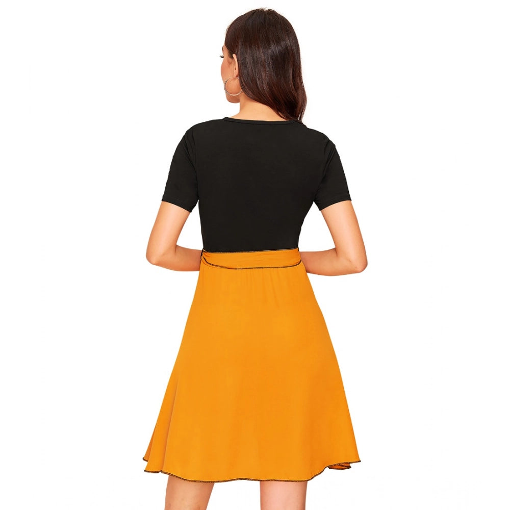 HD Women's Knitting stretchable Solid Round Neck Cap Sleeve Dress (Yellow)