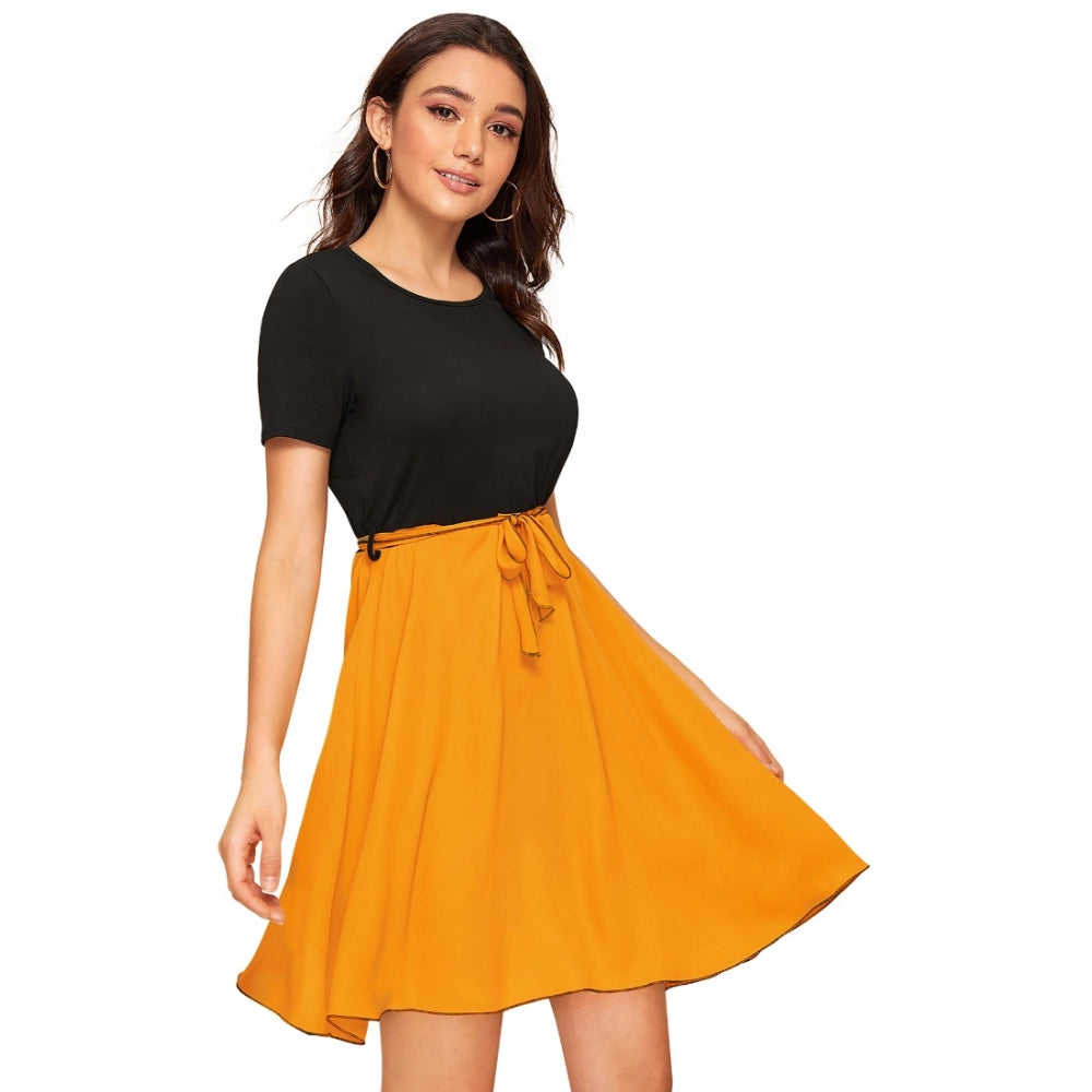 HD Women's Knitting stretchable Solid Round Neck Cap Sleeve Dress (Yellow)